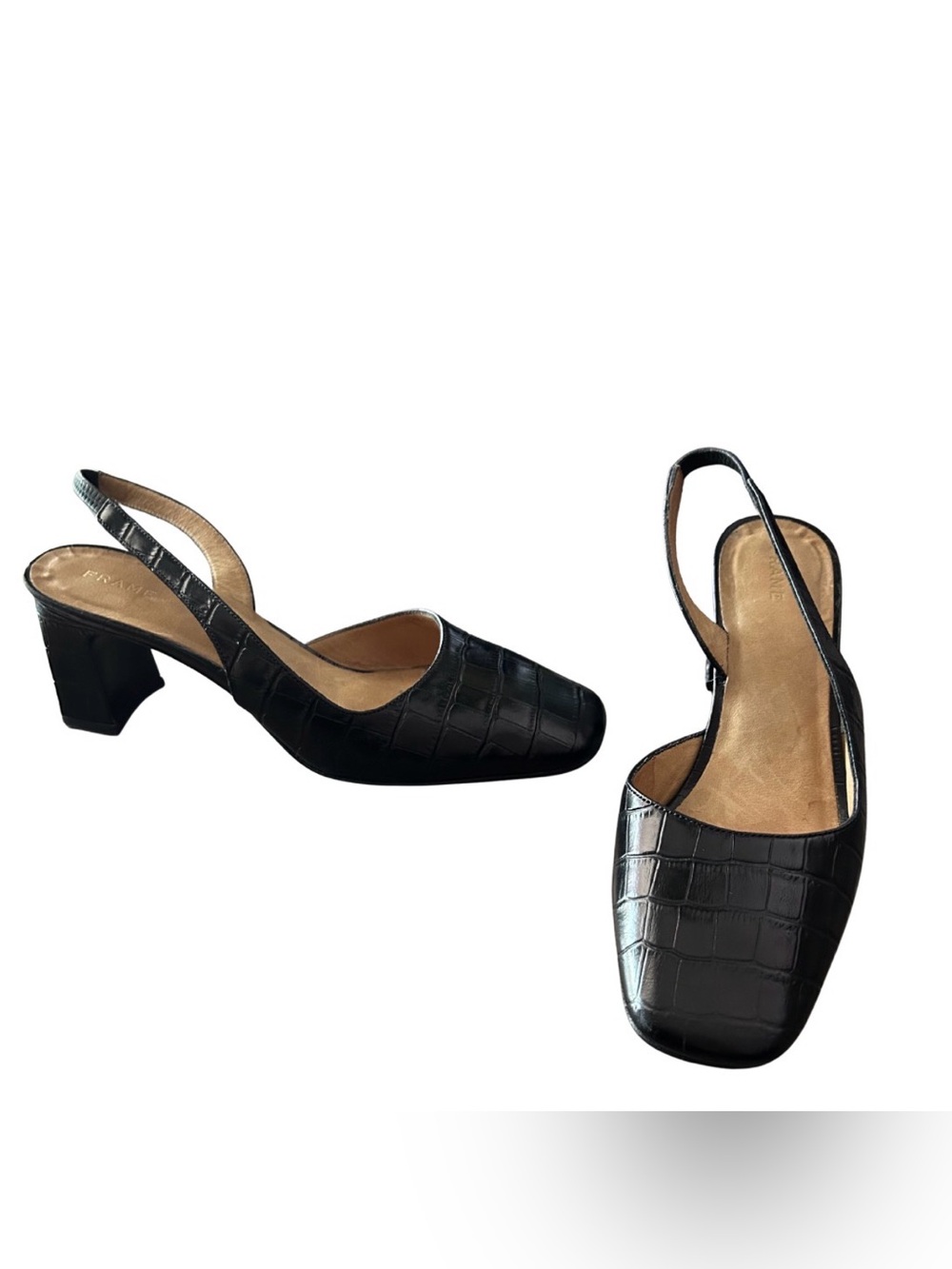 FRAME Le Zinnia Leather Slingback Block Heel Pumps | Noir Croc | Size 37 US 6.5